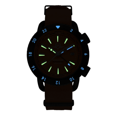 MONRO ADVENTURE MA-7 NIGHT FIRE, Automatic GMT Worldtimer, 44mm Stainless Steel, Orange Dial