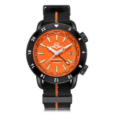 MONRO ADVENTURE MA-7 NIGHT FIRE, Automatic GMT Worldtimer, 44mm Stainless Steel, Orange Dial