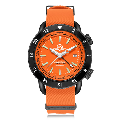 MONRO ADVENTURE MA-7 NIGHT FIRE, Automatic GMT Worldtimer, 44mm Stainless Steel, Orange Dial