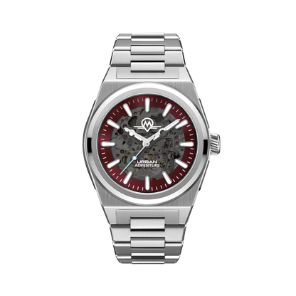 MONRO URBAN ADVENTURE MUA-S2, Automatic Skeleton, 40mm Stainless Steel, Red Dial