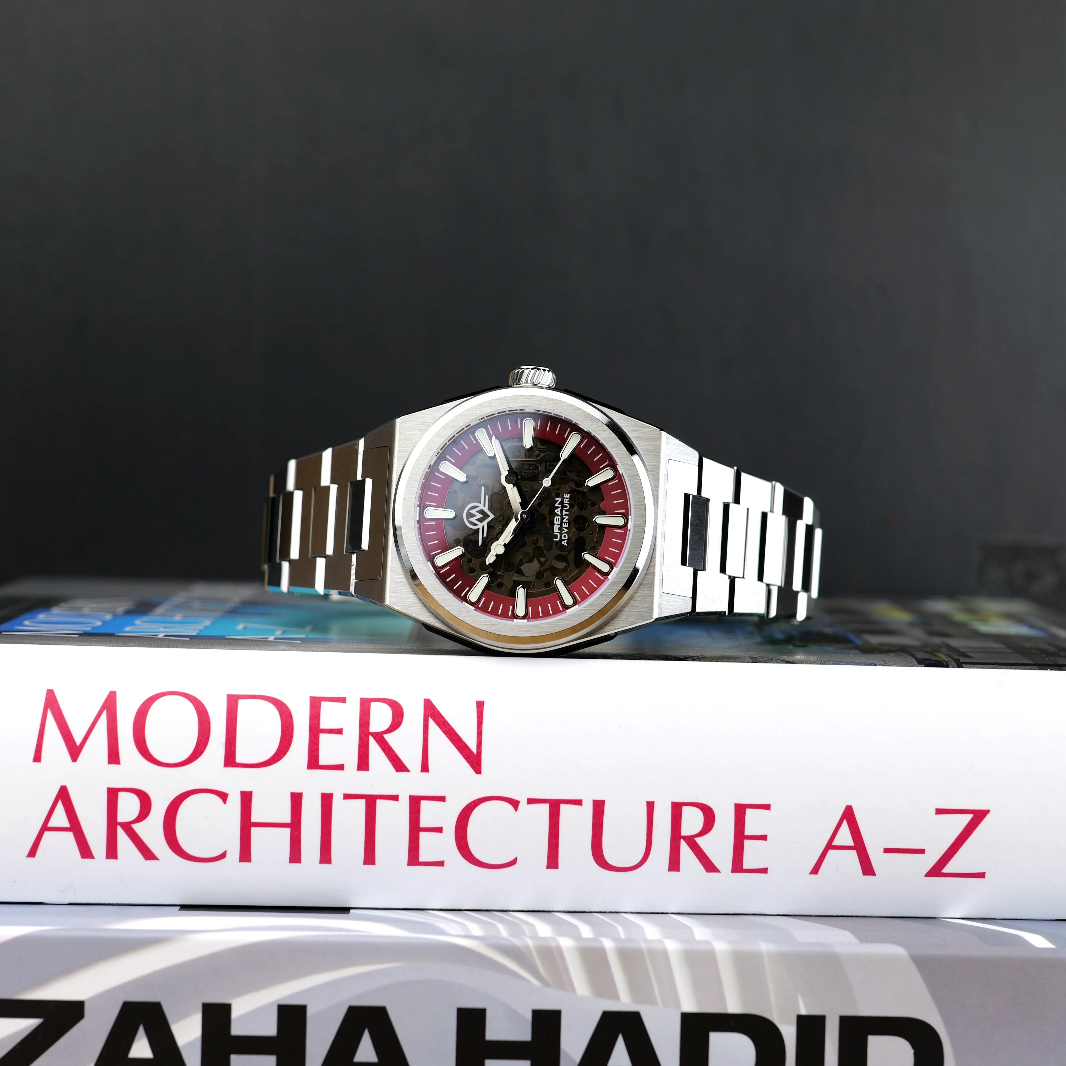 MONRO URBAN ADVENTURE MUA-S2, Automatic Skeleton, 40mm Stainless Steel, Red Dial
